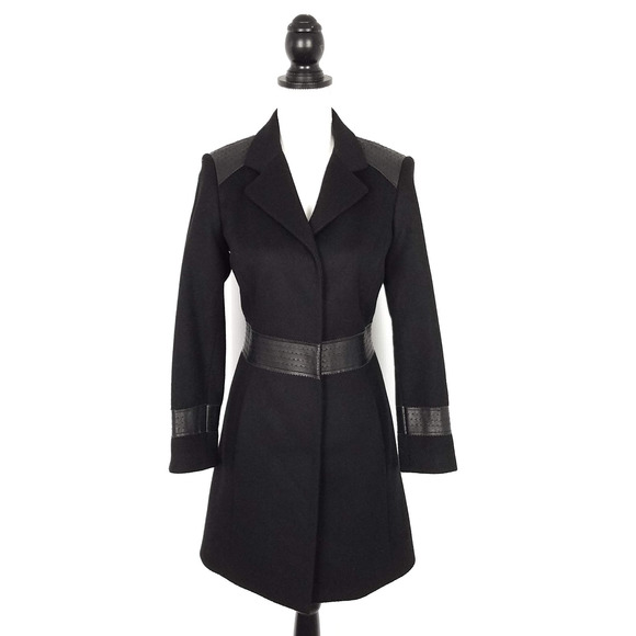 Eccoci Black Wool Cashmere Blend Faux Leather Trim Dressy Winter Coat Size 4